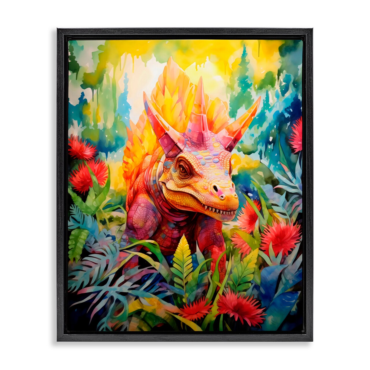 Stupell Industries Colorful Dinosaur in Jungle Black Framed Floater Canvas Wall Art, design by Creative Studio